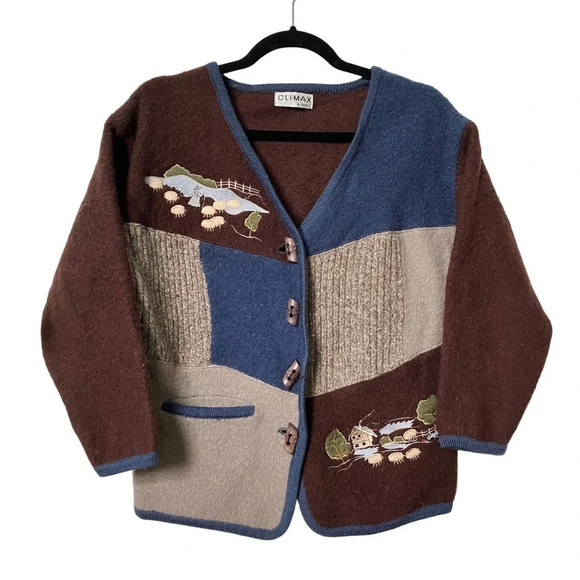 Vintage Sweaters - Vintage Climax by Sasha Cardigan Brown Blue Cottagecore Sheep‎ Landscape Sweater